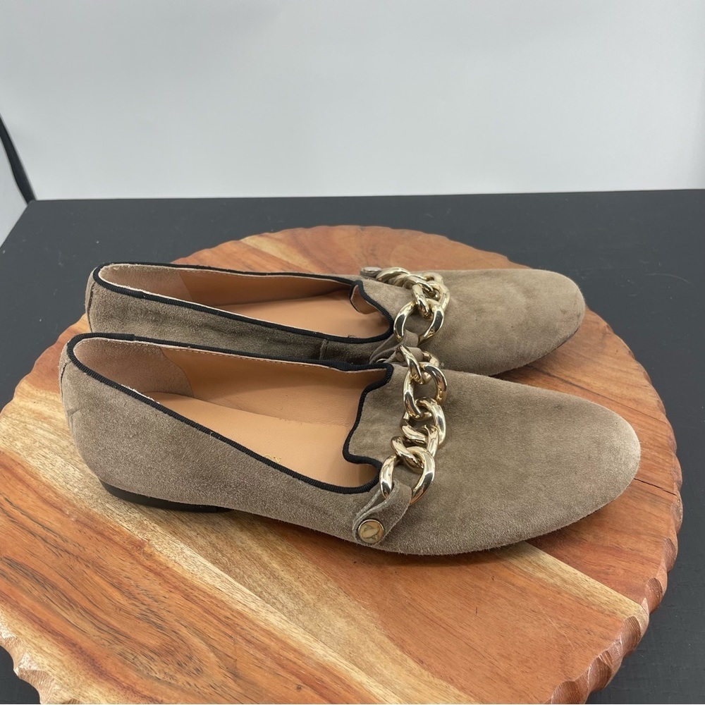 Sigerson Morrison taupe Suede Chunky Chain Flat Loafer Sz 7.5 gold‎ hardware